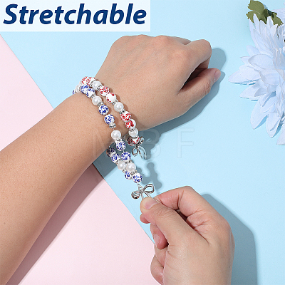 2Pcs 2 Colors Printed Porcelain & Glass Pearl Beaded Stretch Bracelets for Women BJEW-PA0001-11-1