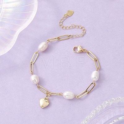 Brass Heart Charms & Paperclip Chains Bracelets BJEW-JB13479-1
