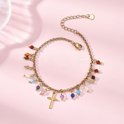 Natural Mixed Gemstone & 304 Stainless Steel Beads Charm Bracelets BJEW-JB12870-1