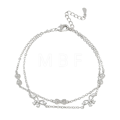 Brass Micro Pave Clear Cubic Zirconia Bowknot Link 2-Strand Bracelets KK-CBA6980-19P-1