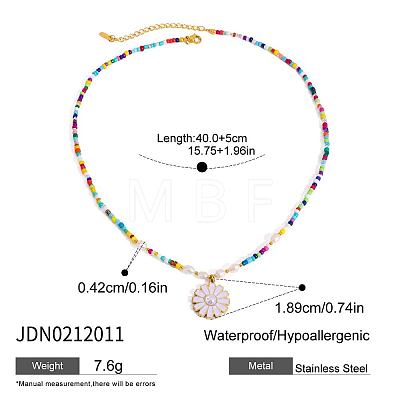 304 Stainless Steel Enamel White Flower Pendant Glass Seed Beaded Necklaces for Women FS-WGBCA12-04-1