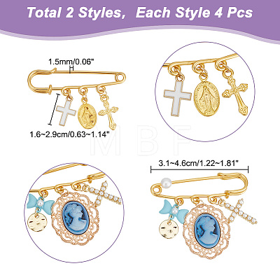 8Pcs 2 Style Alloy Enamel Cross & Resin Princess & Acrylic Bowknot Charms Safety Pin Brooches JEWB-AB00009-1