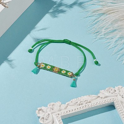 Handmade Japanese Seed Rectangle with Flower Link Braided Bead Bracelet BJEW-MZ00014-01-1