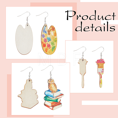 2 Pair 2 Style Book & Brush & Palette Single Face Printed Wood Dangle Earrings EJEW-AN0002-74-1