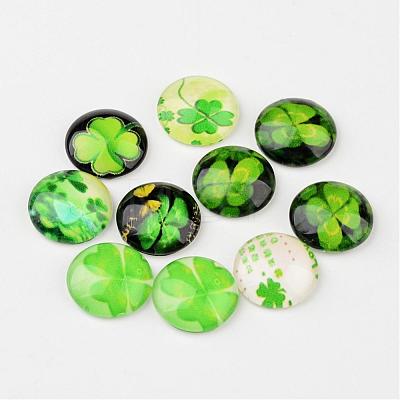 Half Round/Dome Four Leaf Clover Glass Cabochons X-GGLA-A002-12mm-CC-1