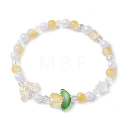 Tulip & Butterfly & Round Two Tone Glass Imitation Jade Beaded Stretch Bracelets for Women BJEW-JB10686-1