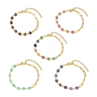 Cube Natural Gemstone Beads Link Bracelets BJEW-JB13903-1