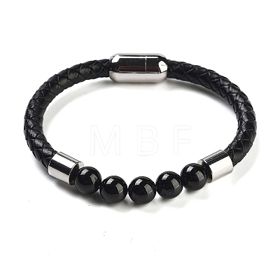 Natural Tourmaline Round Bead Braided Leather Cord Bracelets for Men Women BJEW-A009-11P-07-1