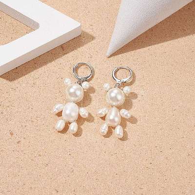 Natural Pearl Bear Dangle Leverback Earrings EJEW-TA00155-1