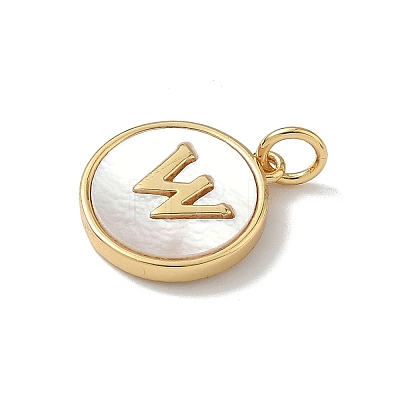 Brass Pave Natural Shell Flat Round with Letter Charms KK-Z115-13G-W-1