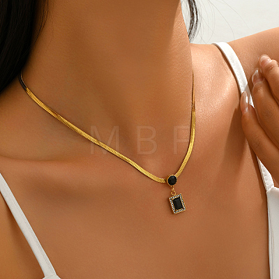 Vintage Stainless Steel Natural Black Onyx(Dyed & Heated) Rectangle Pendant Flat Snake Chain Necklaces for Women DM4995-1
