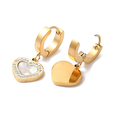 Synthetic White Shell Heart Dangle Hoop Earrings with Rhinestone EJEW-E286-06G-1