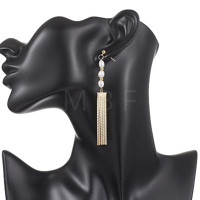 Rice Natural Cultured Freshwater Pearl Tassel Stud Earrings EJEW-JE07056-1