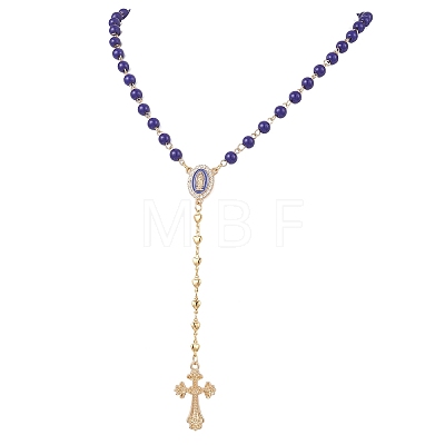 Blue Round Glass Rosary Bead Necklaces NJEW-JN05626-1