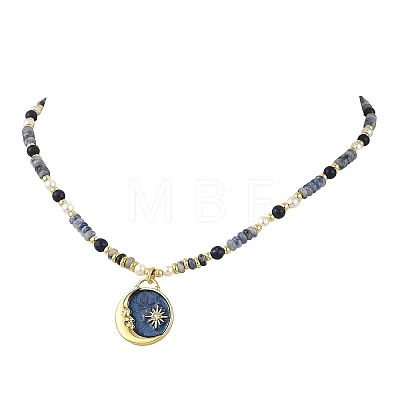 Brass Enamel Moon Sun Pendant Round Natural Lapis Lazuli and Rondelle Blue Spot Jasper Beaded Necklaces for Women NJEW-JN06691-1