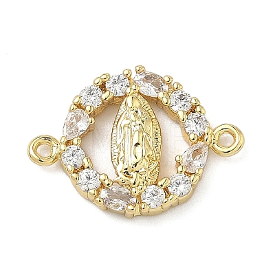Brass Pave Clear Cubic Zirconia Religion Flat Round with Virgin Mary Links Connector Charms KK-A282-07A-G-1