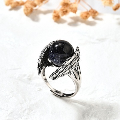 Natural Obsidian Wings Adjustable Rings RJEW-K241-04AS-09-1