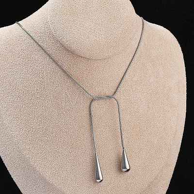 304 Stainless Steel Snake Chain Lariat Necklaces with Teardrop Ends NJEW-D300-02P-1