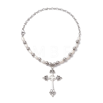 Natural Pearl with Cross Alloy Pendant Necklaces NJEW-JN04813-1