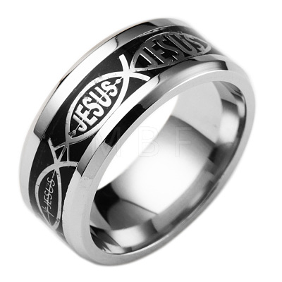 201 Stainless Steel Jesus Fish with Word Finger Ring EAER-PW0001-170D-02-1