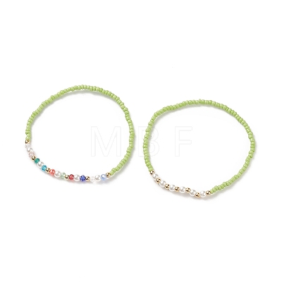 2Pcs 2 Style Glass Seed & Imitation Pearl & Brass Beaded Stretch Bracelets Set for Women BJEW-JB09033-1