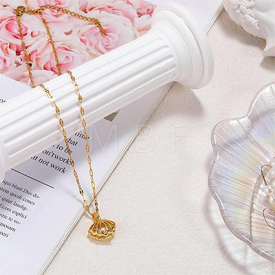 Seashell Pearl Necklace Clear Cubic Zirconia Shell Cage Dangle Necklace Summer Scallop Choker Charm Titanium Steel Jewelry for Women Beach JN1114A-1