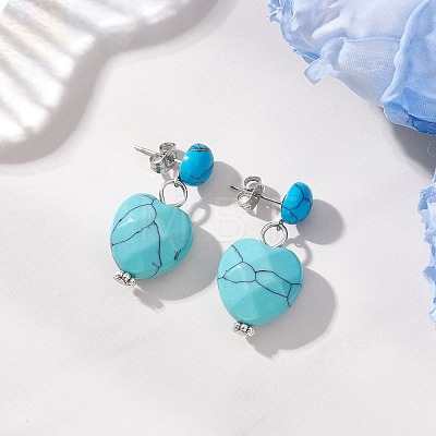 Synthetic Turquoise Heart Dangle Stud Earrings EJEW-JE06920-1
