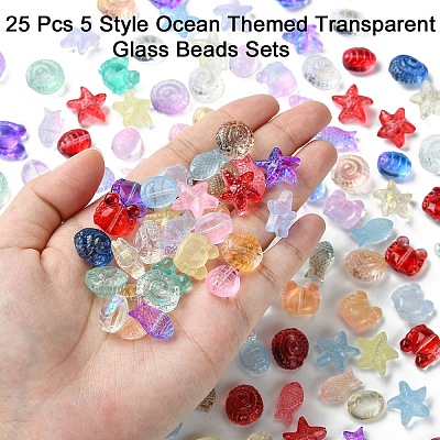 25Pcs 5 Style Ocean Themed Transparent Glass Beads Sets GLAA-YW0003-40A-1