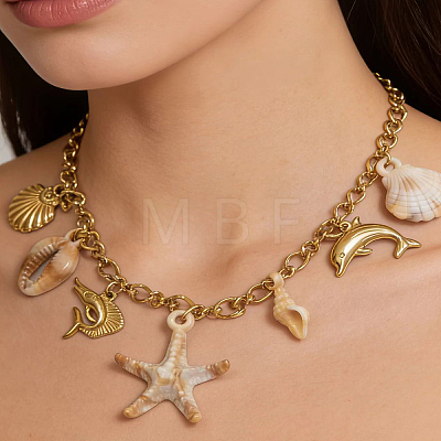 304 Stainless Steel Ocean Theme Shell Starfish Dolphin Multi Pendant Bib Necklace for Women Summer Beach Jewelry PT7319-1