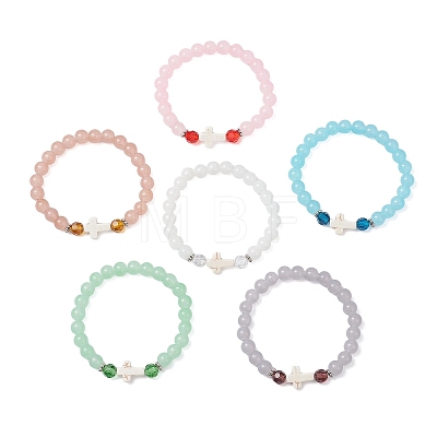 6Pcs Round Spray Painted Imitation Jade Glass Beads Stretch Bracelets for Women BJEW-JB12881-1