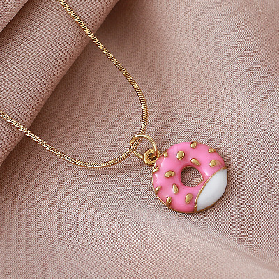 Vintage Style Stainless Steel Enamel Pink Dessert Donut Pendant Necklaces for Women KI9226-1