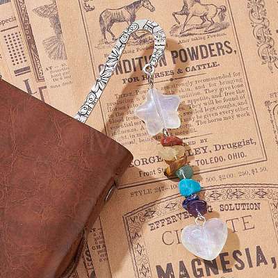 Chakra Gemstone Chip Beaded Pendant Bookmark with Glitter Acrylic Star & Heart AJEW-JK00257-1