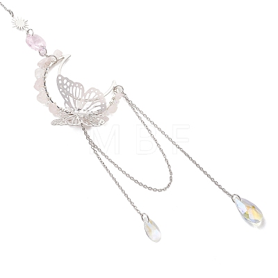 Natural Rose Quartz Chips & Brass Moon & 304 Stainless Steel Butterfly Suncatcher HJEW-TA00449-03-1
