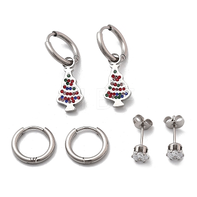 3 Pairs 3 Styles Christmas 304 Stainless Steel Hoop & Stud Earring Sets for Women EJEW-K279-14P-1