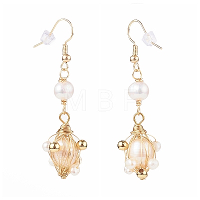 Wire Wrapped Natural Pearl Dangle Earrings EJEW-JE04505-1