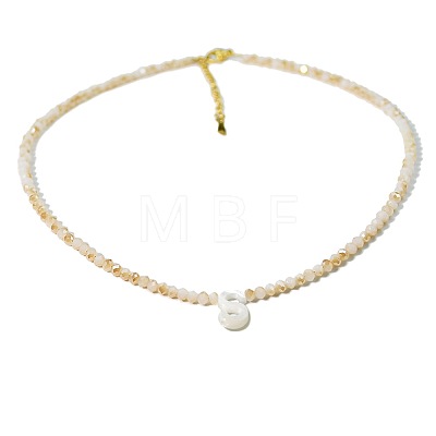Natural White Shell Letter Faceted Glass Beaded Necklaces with 304 Stainless Steel End Chains SS7282-18-1