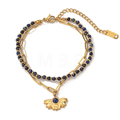 Bohemian 304 Stainless Steel Chain & Natural Lapis Lazuli Beads Double Layers Bracelets BJEW-C150-01G-G-1