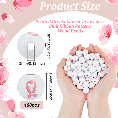 Printed Breast Cancer Awareness Pink Ribbon Pattern Wood Beads for Valentine's Day WOOD-WH0033-01-1