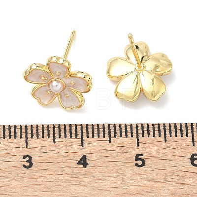 Flower Brass & ABS Plastic Pearl Stud Earrings EJEW-P336-07G-1