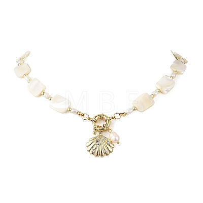Ocean Brass Shell Shape Pendant Natural Trochid Shell & Freshwater Pearl Beaded Necklaces for Women NJEW-JN06408-1