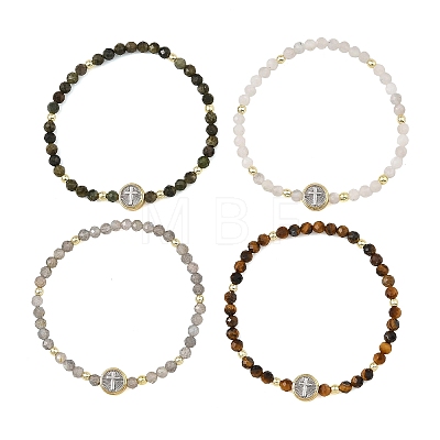 Religion Natural Mixed Gemstone Beaded Stretch Bracelets with Brass Flat Round with Cross Beads BJEW-JB14360-1