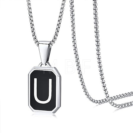304 Stainless Steel Black Enamel Rectangle with Initial Pendant Box Chain Necklaces WG7737E-02-1