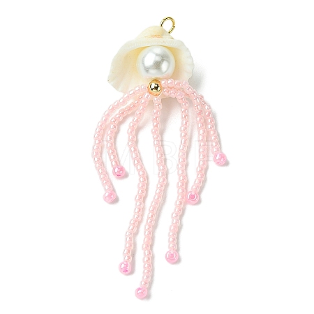 Natural Clam Shell & Glass Pearl & Glass Seed Beaded Big Pendants PALLOY-MZ00298-03-1