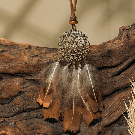 Ethnic Style Alloy & Wood Woven Web/Net with Feather Big Pendant Faux Suede Cord Necklaces for Women FS-WG285C1-02-1