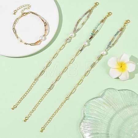 Faceted Natural Mixed Gemstone Beaded & Brass Paperclip Chain Bracelets with Natural Pearl for Women BJEW-JB14324-1