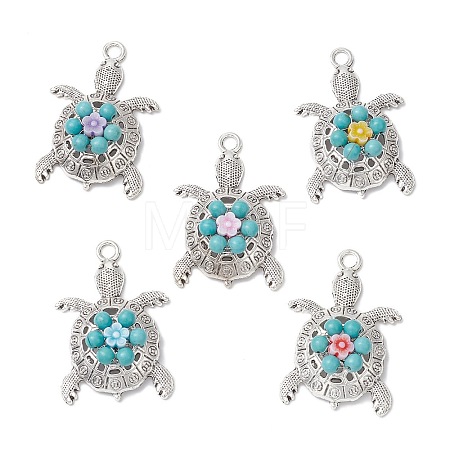 Synthetic Turquoise & Acrylic Beaded Flower Sea Animal Pendants PALLOY-JF03830-1