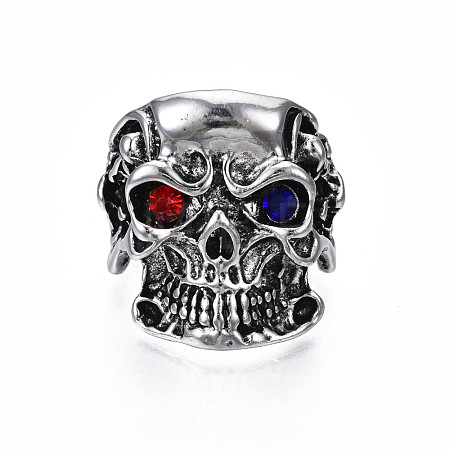 Gothic Punk Skull Alloy Open Cuff Ring with Rhinestone for Men Women RJEW-T009-52AS-1