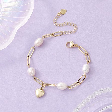 Brass Heart Charms & Paperclip Chains Bracelets BJEW-JB13479-1