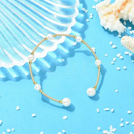 Copper French Wire & Natural Cultured Freshwater Pearl Cuff Bangles BJEW-JB13988-1