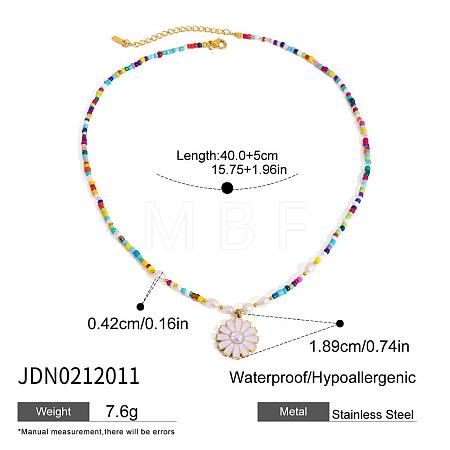 304 Stainless Steel Enamel White Flower Pendant Glass Seed Beaded Necklaces for Women FS-WGBCA12-04-1